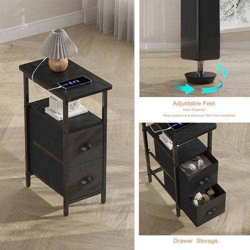 sthmec Narrow End Table with Charging Station, Narrow Side Table with 2 Fabric Drawers, Slim Nightstand, Skinny Bedside Table, Small Side Table for Small Spaces, Living Room, Bedroom, Black