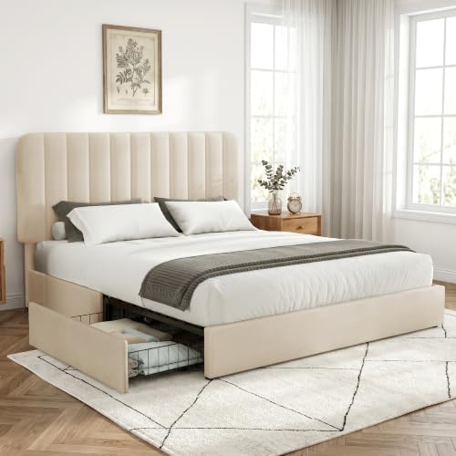 VECELO King Size Upholstered Bed Frame with 4 Drawers and Headboard, Velvet Platform Storage Bedframe, Wooden Slats Support, No Box Spring Needed,Bone Beige