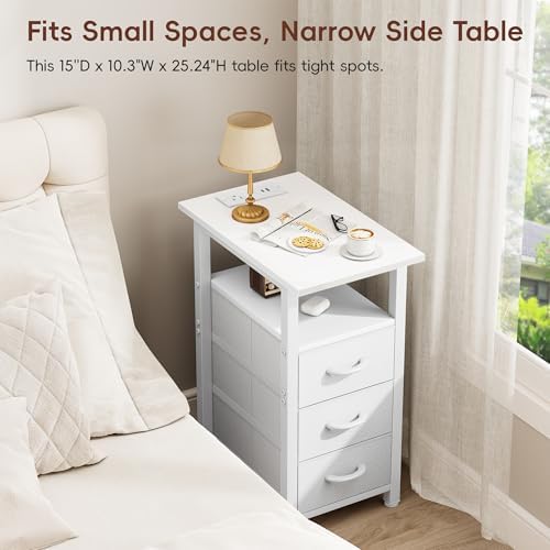 Vagusicc Set of 2 White Nightstand with Charging Station and LED Lights, Narrow End Table, LED Night Stand with 3 Fabric Drawers for Bedroom, Small Bedside Table, Narrow Side Table for Small Spaces