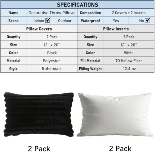 Decorative Throw Pillow with Inserts, Set of 2 Soft Faux Fur Throw Pillows, Boho Striped Pillow for Couch, Bed, Sofa Decor (Black 12" x 20"(Pack of 2))