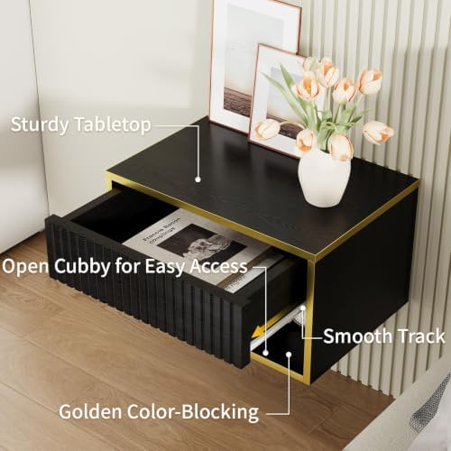 4ever2buy Floating Nightstand, Black Bedroom Night Stand with Drawer