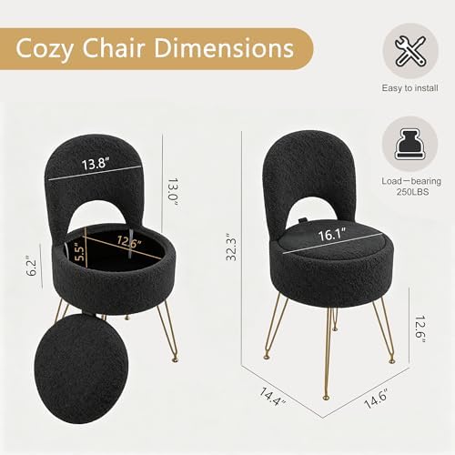 LITZFUR Round Vanity Stool with Storage & Folding Back, Black Makeup Chair