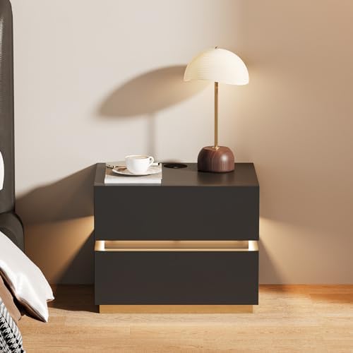 homary Smart Nightstand Set of 2 with Wireless Charging Station, USB & Type-C Ports, LED Light – Modern Black Bedside Table for Bedroom Storage (Black, 2 Drawers)