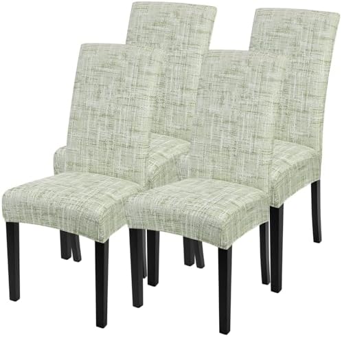 SearchI Dining Room Chair Covers Set of 4, Stretch Printed Parsons Chair Slipcovers Removable Washable Kitchen Chair Protector Cover for Dining Room, Hotel, Ceremony (Green Linen-Look Print)