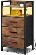 Lazzanto Nightstand with Rear Charging Station, LED Light, 3 Drawers, Brown