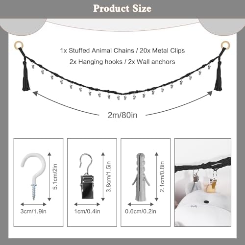 CERETIA 80" Stuffed Animal Organizer Chain, Wall Corner Storage, Black