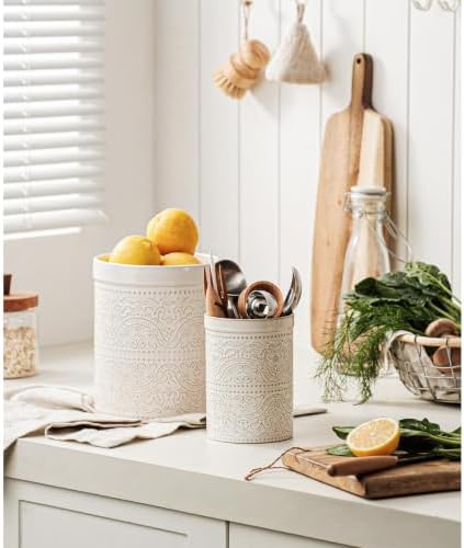 Kitchen Utensil Holder Set of 2, 7"+5.2" Inches Large Ceramic Utensil Holder for Countertop, Lace Emboss Cooking Utensil Crocks for Kitchen, Home Decor, Off-White