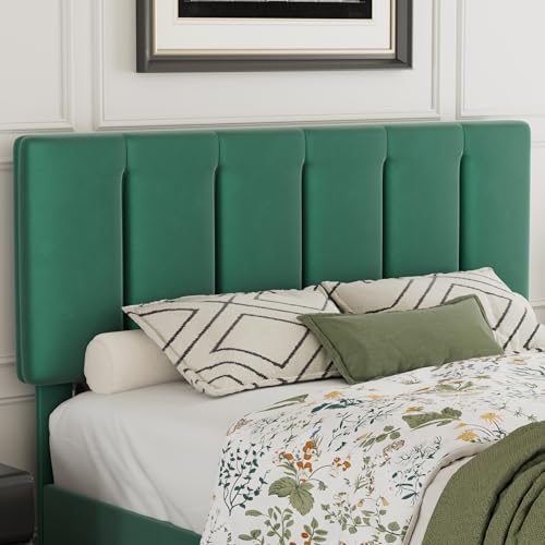 VECELO Queen Bed Frames, Upholstered Platform Bedframe, Adjustable Headboard, Wood Slat Support, No Box Spring Needed, Easy Assembly, Dark Green