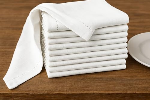Ramanta Home Hemstitched Cloth Napkins Set of 12 -White, 18x18 Inches