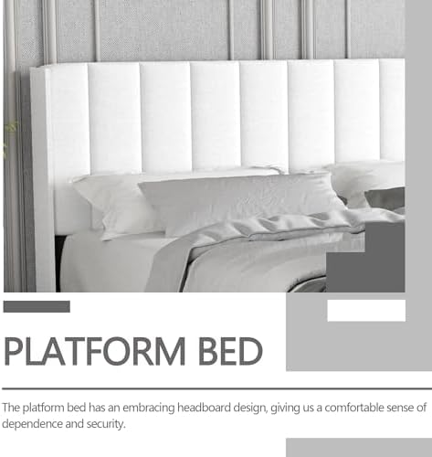 King Size Bed Frame with Linen Upholstered Headboard, White
