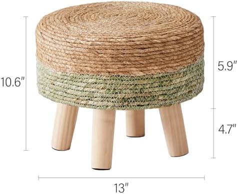 Cpintltr Ottoman Natural Seagrass Footrest Poufs Hand Weave Round Foot Stool for Couch Desk Soft Step Stool Padded Foot Rest with Pine Legs for Living Room Bedroom Natural/Green