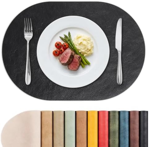MOSAYT Vinyl Faux Leather Oval Placemats, Set of 6, Black