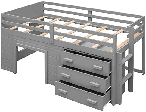 Bellemave Twin Size Low loft Bed for Kids,Wood Modern Farmhouse Twin Loft Bed with and Drawer Storage, No Box Spring Needed, Gray