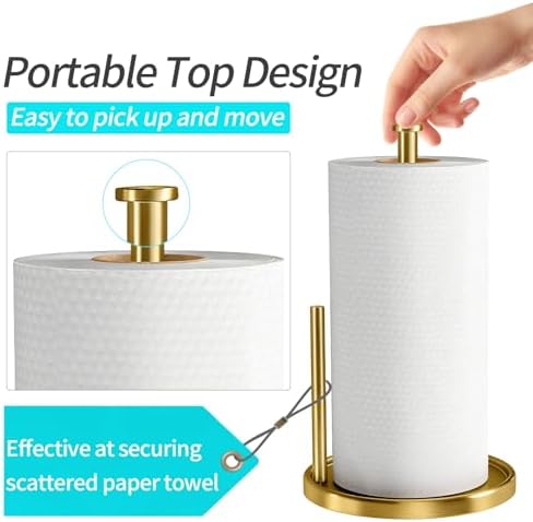 Paper Towel Holder Countertop, Standing Paper Roll Holder with Anti Slip Weighted Base, Stainless Steel Freestanding Paper Towel Holder for Kitchen, Gold