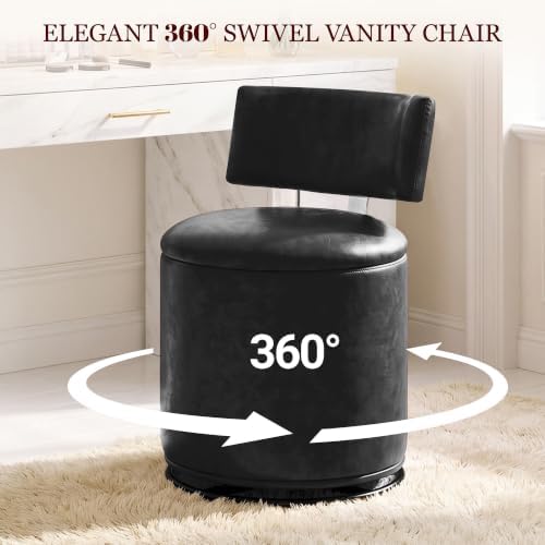 Swivel Vanity Chair with Storage, Faux Leather Makeup Stool with Higher Back for Living Room, Bedroom, Dressing, Black
