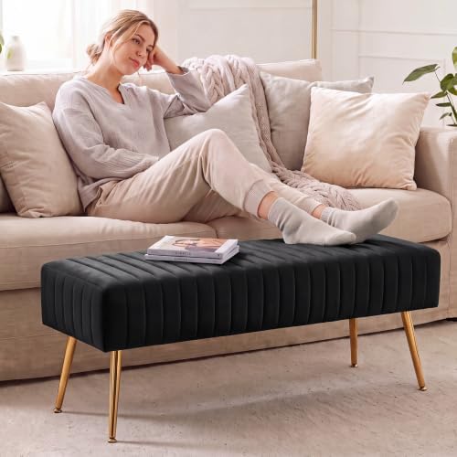 Furniliving 44 Inch Bedroom Bench, Upholstered Tufted Striped Fabric Ottoman Benches with X-Shaped Metal Legs for Living Room, Entryway Solid Wood Indoor Bench for Foyer (Black)
