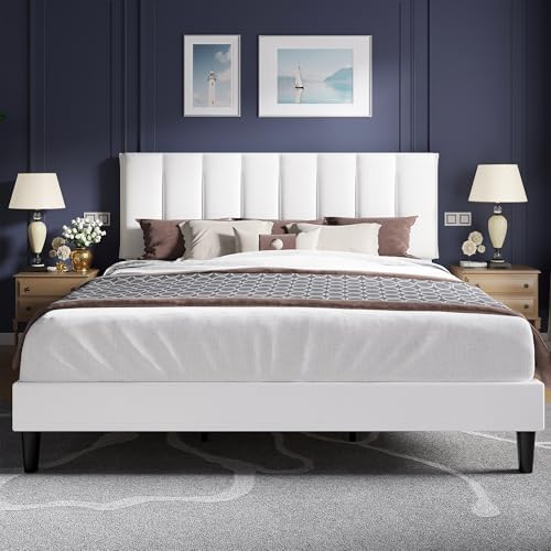 VECELO King Size Bed Frame with Upholstered Headboard, White