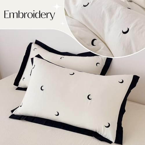 Beige Moon Duvet Cover Set Queen Size 3 Pcs(1 Duvet Cover with 2 Pillowcases),Soft Brushed Wash Fall Winter Warm Comforter Covers with Ruffles,Twin Bedding Set for Teen Girls 90"×90"