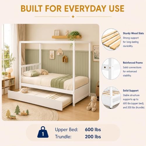 Full Size Canopy Bed with Trundle, Solid Wood Daybed Frame for Kids and Teens, Heavy-Duty 600 lbs Support, Space-Saving Guest Bed for Bedroom or Apartment