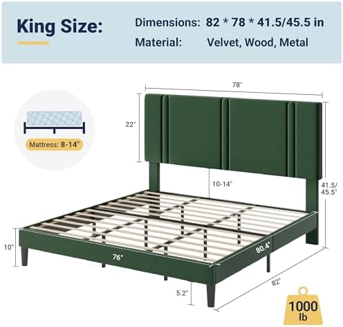 Allewie King Size Platform Bed Frame with Velvet Upholstered Headboard