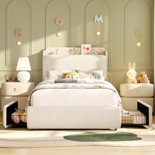 Garvee Twin Size Bed Frame with Shelf & Drawers for Kids- Beige
