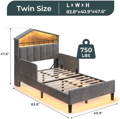 ADORNEVE Twin Size Bed Frame with LED Lights,Velvet Bed for Boys,Grey