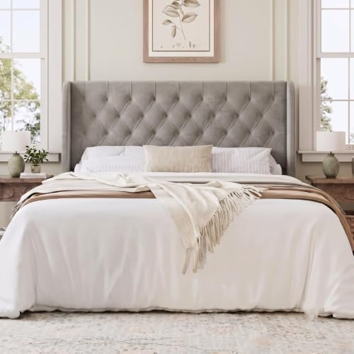 HOMBCK Full Size Bed Frame with Velvet Upholstered Headboard, Grey