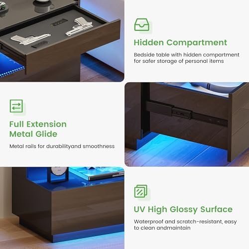 HNEBC Black LED Nightstand with Gun Drawers&USB-C Port&Lights for Bedroom