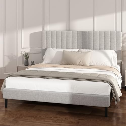 King Linen Bed Frame with Vertical Channel Tufted Headboard Light Grey