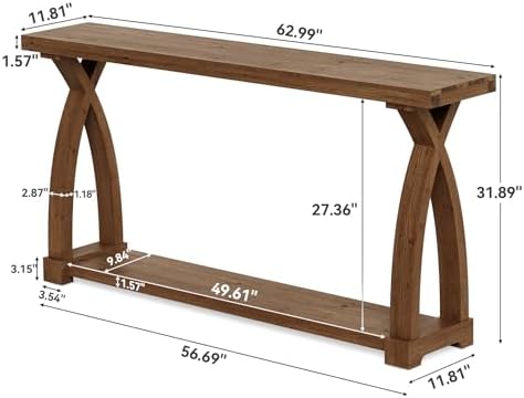 Solid Wood Console Table for Entryway, 63-Inch Narrow Farmhouse Couch Table Behind Sofa with 2-Tier Storage for Entrance, Foyer, Living Room, Long, Dark Brown