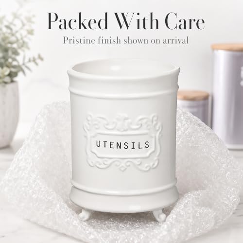 Mud Pie Circa Ceramic Utensil Holder, Kitchen Countertop Crock, White
