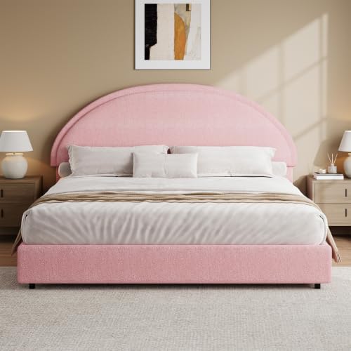 REVOMINCA King Size Bed Frame, Boucle Upholstered Platform Bed with Headboard, Soft Bed Frame with Round Corner, No Box Spring Required, Easy Assembly, Pink