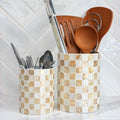 Chi An Home 7.4"+5.8" Capiz Ivory Checkered Cooking Utensil Holder Set 2