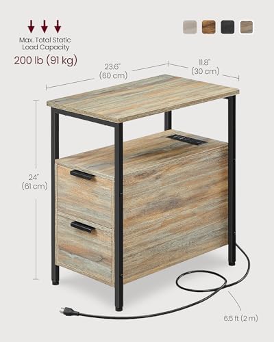 VASAGLE Side End Table with Charging Station, Slim Nightstand with Storage