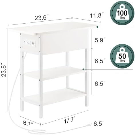 Yoobure End Table with Charging Station, Flip Top Side Table with USB Ports and Outlets, Sofa Couch Table Bedside Table for Living Room Bedroom, Narrow Nightstand with Storage Shelves for Small Spaces