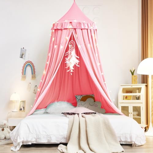 Kertnic Decor Princess Canopy for Girls Bed, Soft Smooth Playing Tent Canopy Room Decoration Castle, Dreamy Mosquito Net Bedding, Reading Nook Canopies in Home (Nordic Pink)