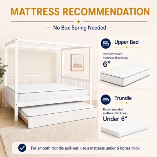 Full Size Canopy Bed with Trundle, Solid Wood Daybed Frame for Kids and Teens, Heavy-Duty 600 lbs Support, Space-Saving Guest Bed for Bedroom or Apartment