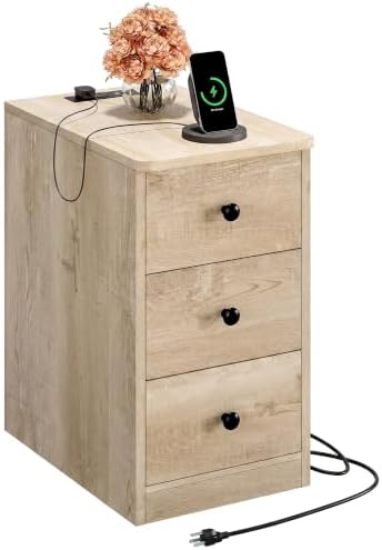 LIKIMIO Nightstand with Charging Station, 3 Drawers Modern for Bedroom