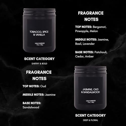 Lulu Candles | 4 Pack Scented Candles Gift Set | Gift Set for Home, Men, and Women | Jasmine, Oud & Sandalwood, Blood Orange & Grapefruit, Tobacco, Spice & Vanilla, and Palo Santo (4PCS - 7 Oz/Each)