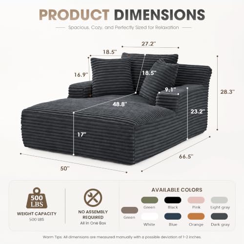 66" Chaise Lounge Chair Indoor, Corduroy Upholstered Reading Chair Oversized Boneless Chair with Deep Seat, Cloud Lounge Chair with 3 Pillows for Living Room, Bedroom, No Assembly Required