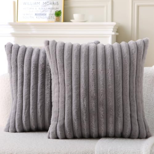 Decorative Throw Pillow with Inserts, Set of 2 Soft Faux Fur Throw Pillows, Square Boho Striped Pillow for Couch, Bed, Sofa Decor (Gray, 20" x 20"(Pack of 2))