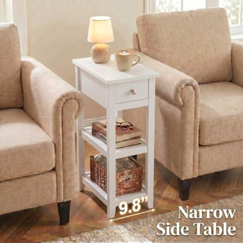 SEJOV Narrow Side Table, Small White End Table with Drawer and 2 Shelves