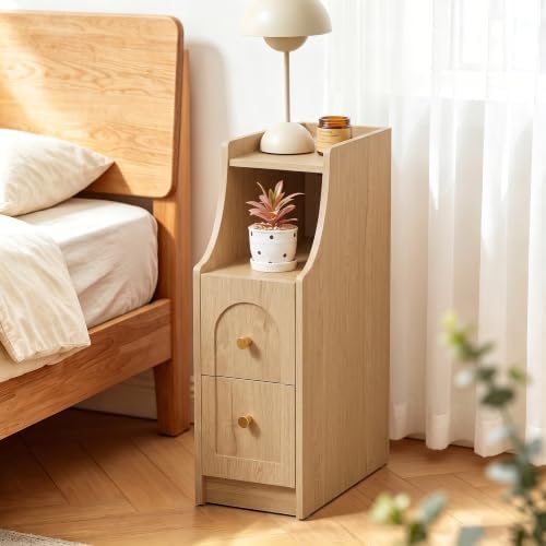 Ultra Narrow Nightstand with Charging Station, Slim Bedside Table with Hidden Power Outlet, 2 Drawers & Open Shelf, Mid-Century Modern End Table with Fenced Top for Small Spaces (Natural, 1)