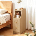 Ultra Narrow Nightstand with Charging Station, Slim Bedside Table with Hidden Power Outlet, 2 Drawers & Open Shelf, Mid-Century Modern End Table with Fenced Top for Small Spaces (Natural, 1)