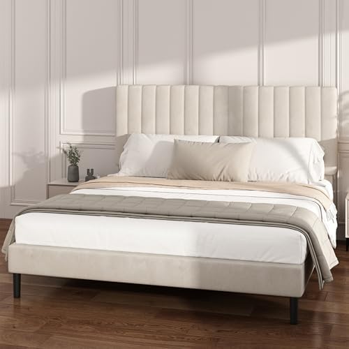 King Velvet Bed Frame with Vertical Channel Tufted Headboard Beige