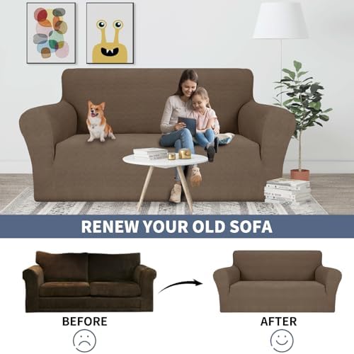 JIVINER Stretch Armchair Slipcovers, 1 Piece Chair Sofa Covers 1 Seater Couch Covers with Elastic Bottom for Kids, Pets (Brown, Chair)