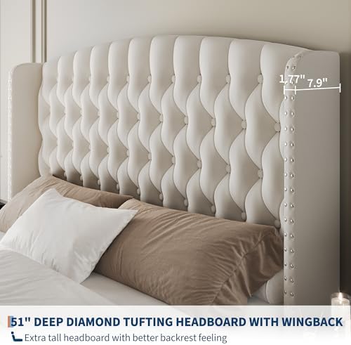 GarveeHome 51" Tall Queen Size Bed Frame with Wingback Headboard, Cream