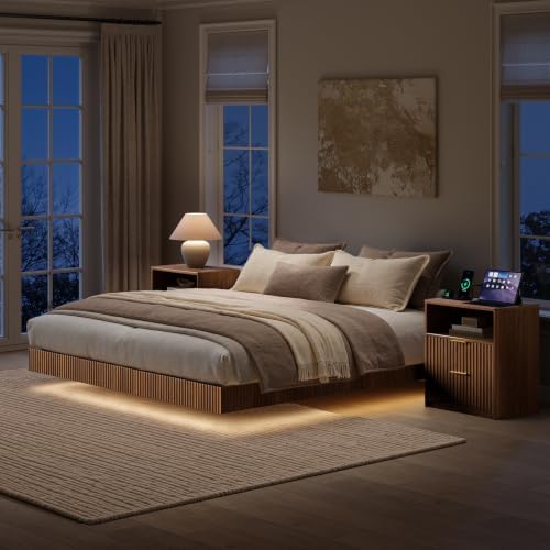 Evermagin Queen Bedroom Set, Floating Bed Frame & Charging Nightstands