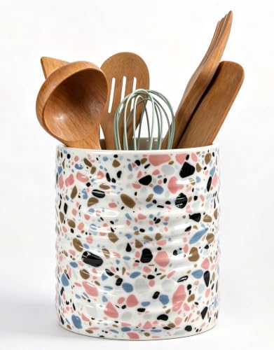 Kitchen Utensil Holder,7.2-inch Extra Large Sturdy Ceramic Terrazzo Marble Pattern Utensil Crock,Cooking Utensil Organizer for Kitchen Counter Decor,Storage Caddy Farmhouse Gift Nordic Pink