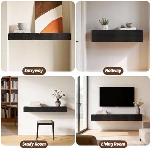 Floating Solid Wood Console Table, 47'' Wall Mounted Narrow Entryway Table with Storage Shelf, Modern Couch Shelves Small Entry Way Tables for Entryway, Front Hall, Hallway (Black, 47.24IN)